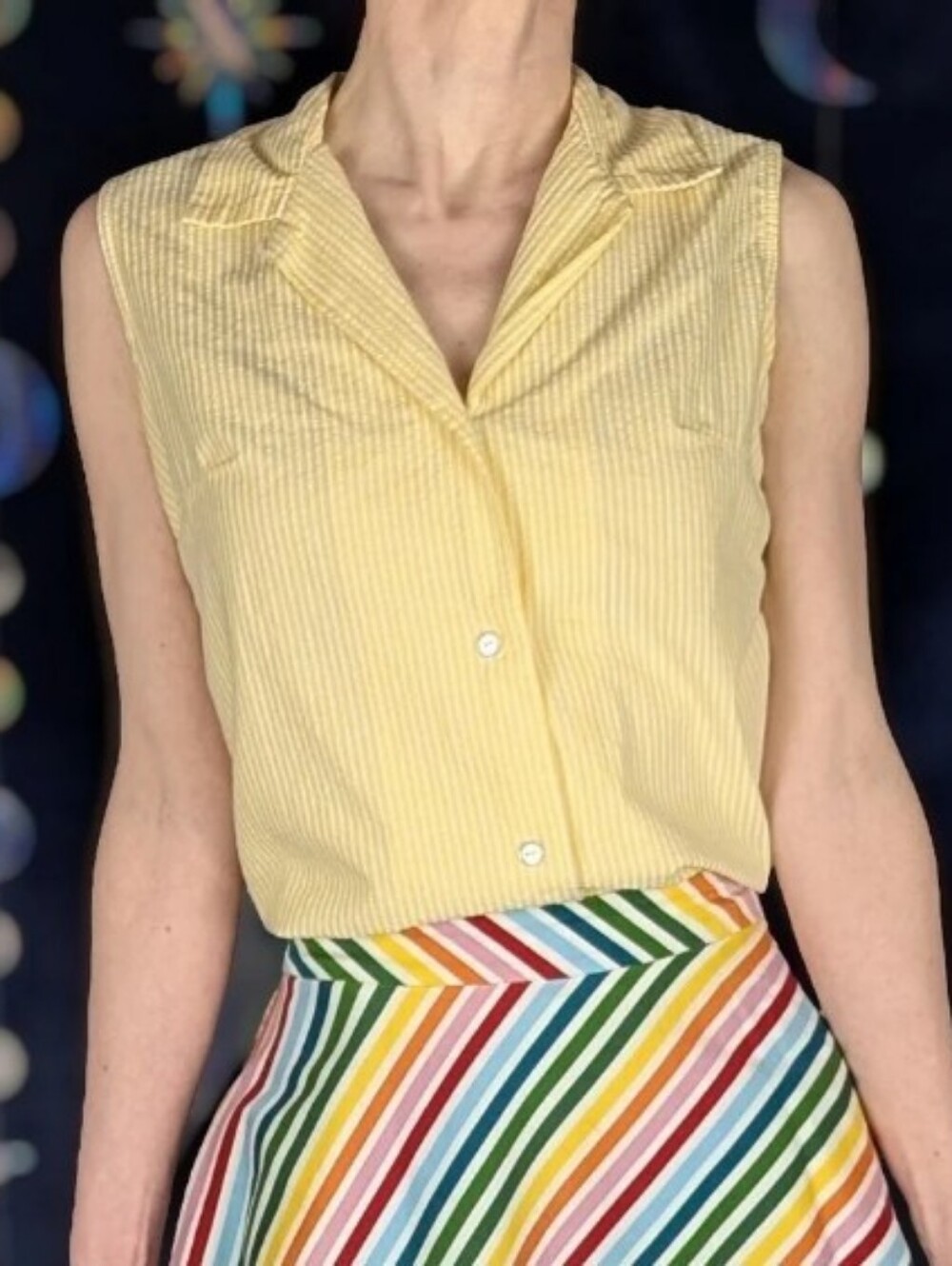 Vintage Yellow & White Stripe Seersucker Sleeveless Top (XS/S)